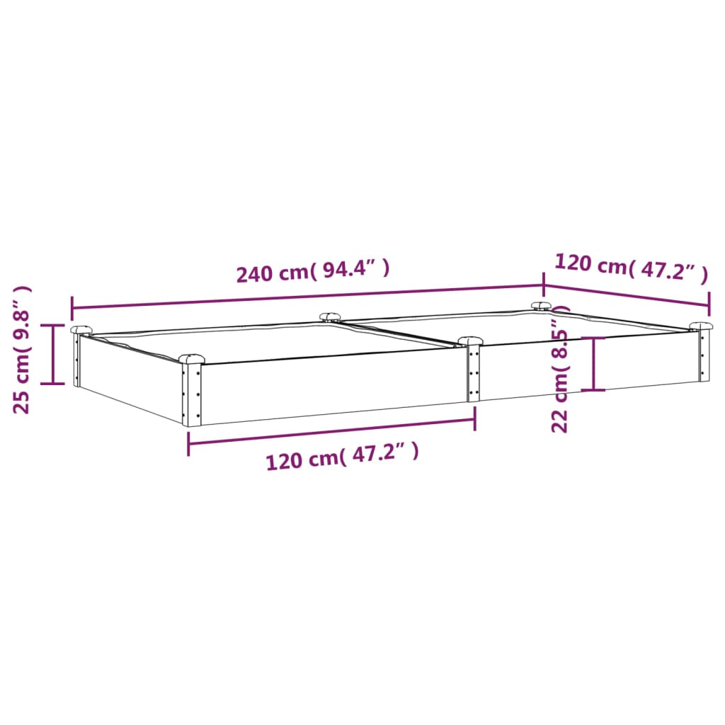 vidaXL Garden Raised Bed with Liner 240x120x25 cm Solid Wood Fir