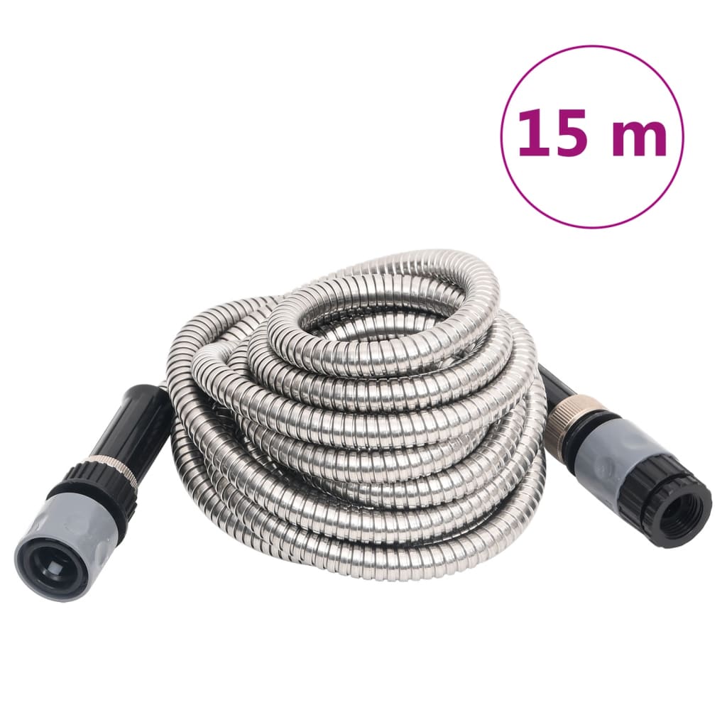 vidaXL Garden Hose with Spray Nozzle Silver 0,6" 15 m Stainless Steel