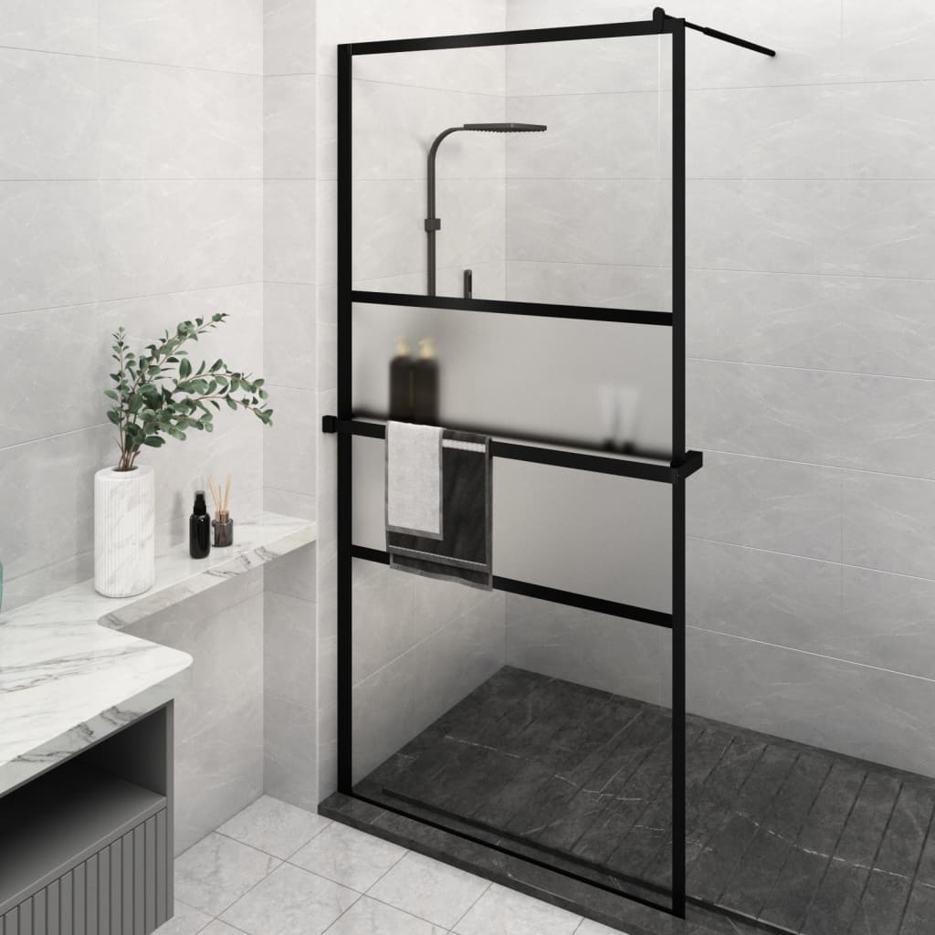 vidaXL Walk-in Shower Wall with Shelf Black 115x195 cm ESG Glass&Aluminium