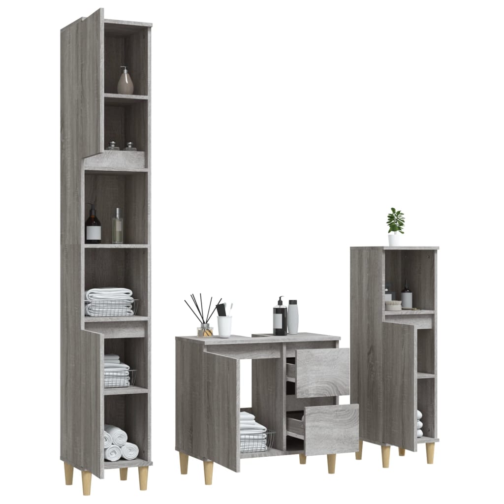 vidaXL 3 Piece Bathroom Cabinet Set Grey Sonoma Engineered Wood