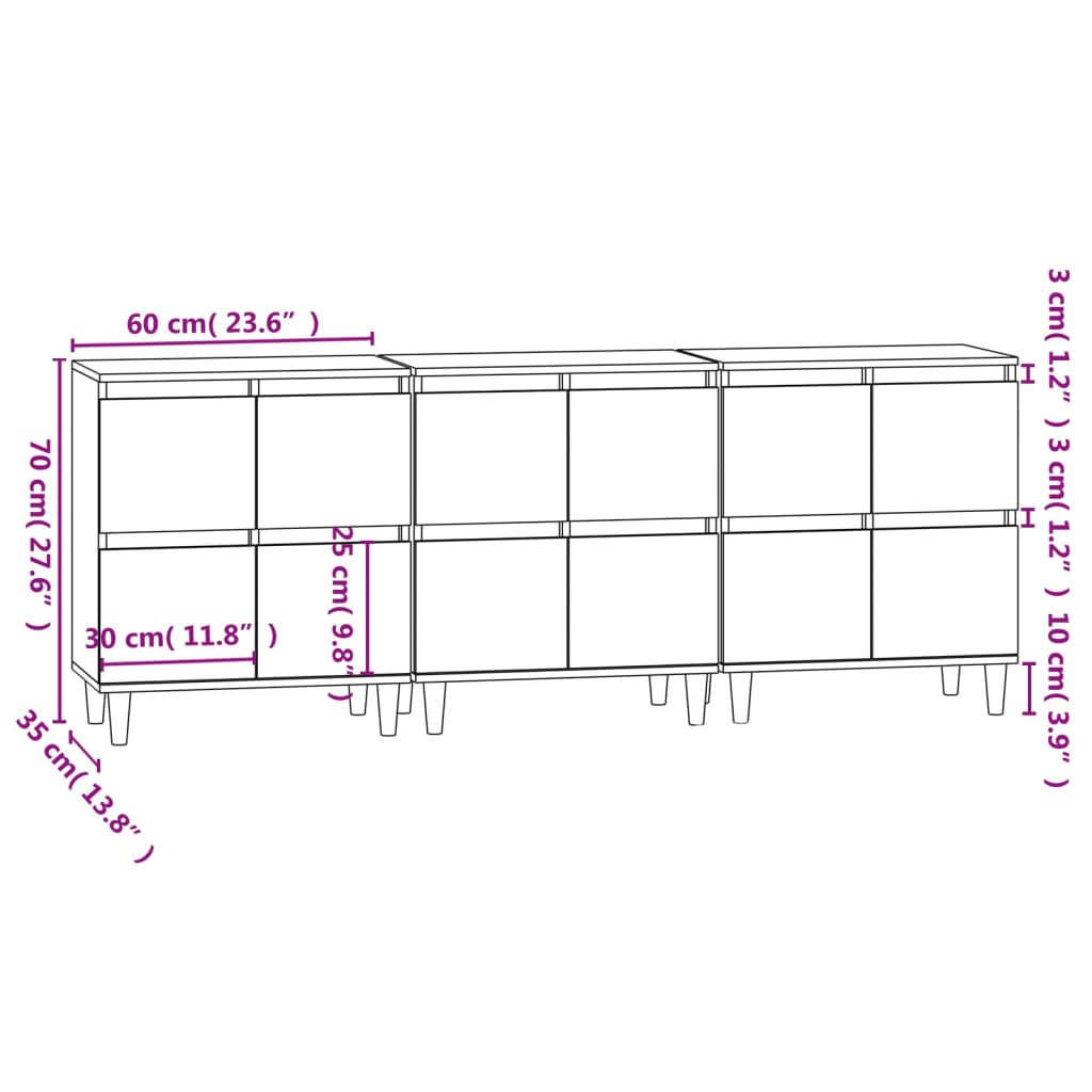 vidaXL Sideboards 3 pcs Sonoma Oak 60x35x70 cm Engineered Wood