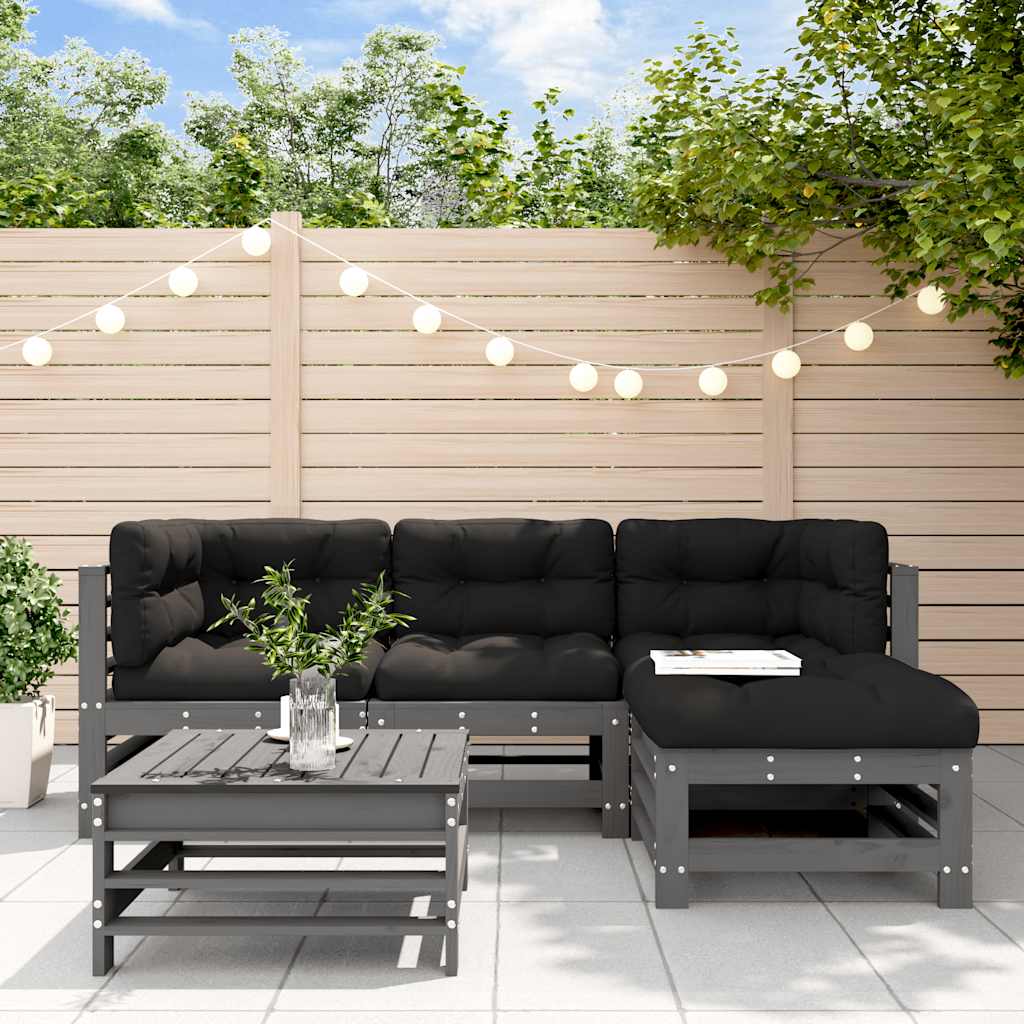 vidaXL 5 Piece Garden Lounge Set with Cushions Grey Solid Wood