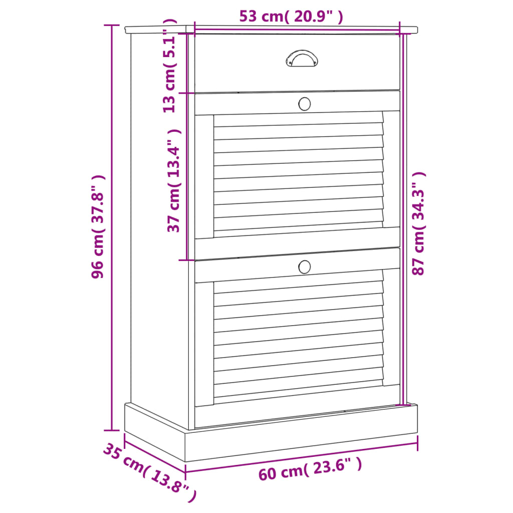 vidaXL Shoe Cabinet VIGO 60x35x96 cm Solid Wood Pine