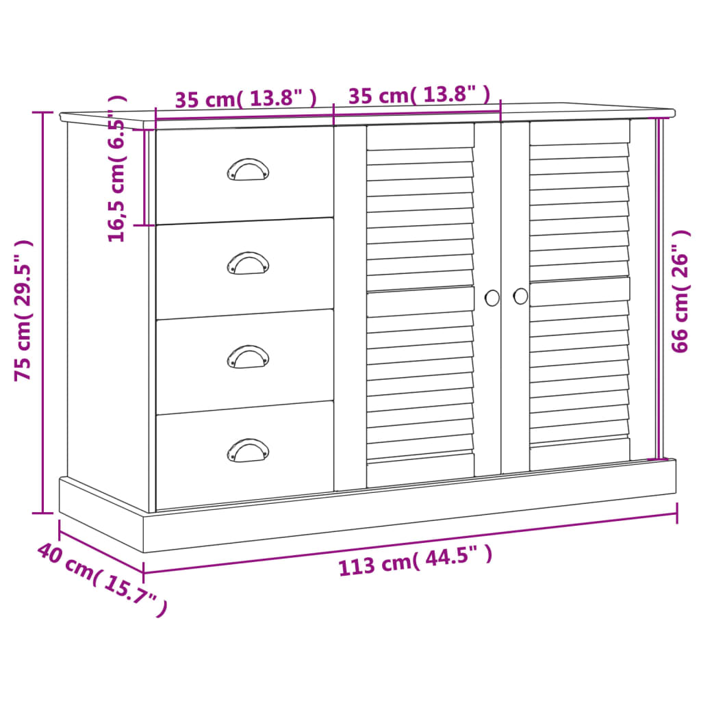 vidaXL Sideboard with Drawers VIGO 113x40x75 cm White Solid Wood Pine