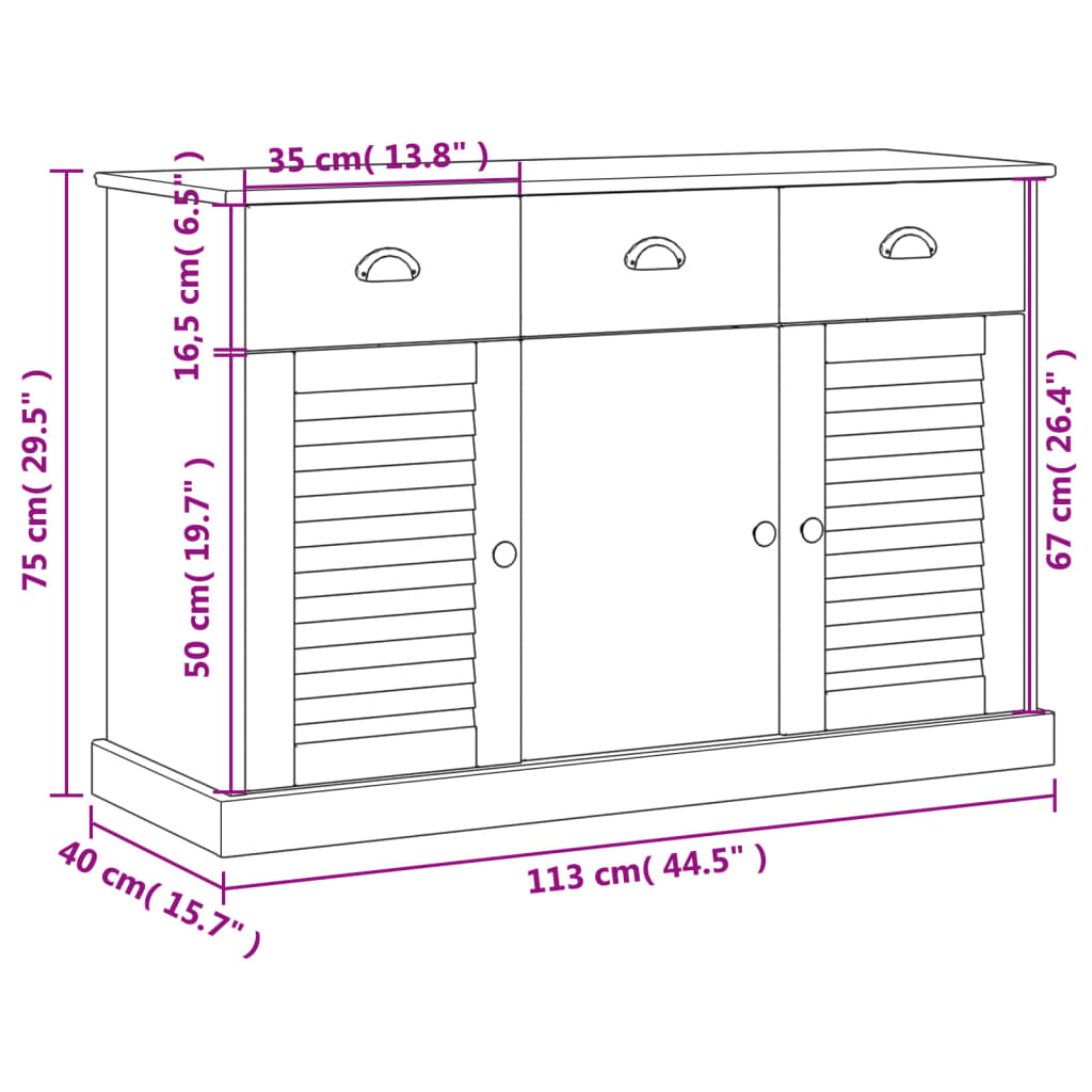 vidaXL Sideboard with Drawers VIGO 113x40x75 cm Solid Wood Pine