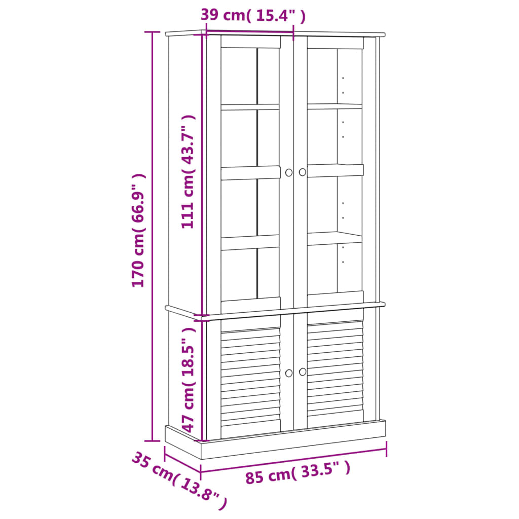 vidaXL Glass Display Cabinet "VIGO" 85x35x170 cm Solid Wood Pine