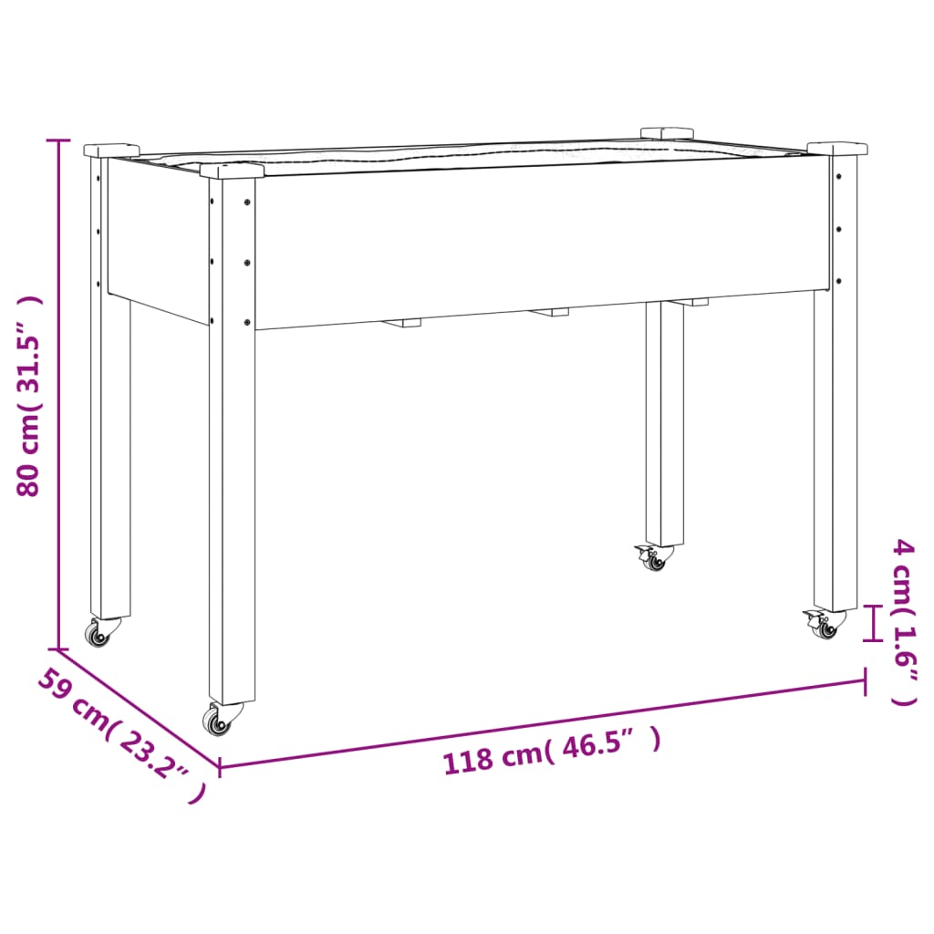 vidaXL Wheeled Planter with Liner 118x59x80 cm Solid Wood Fir
