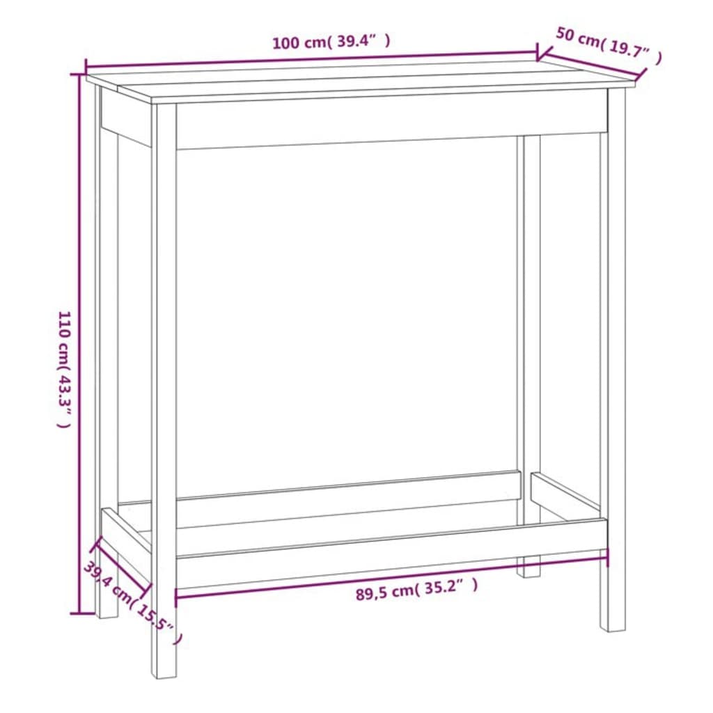 vidaXL Bar Table White 100x50x110 cm Solid Wood Pine