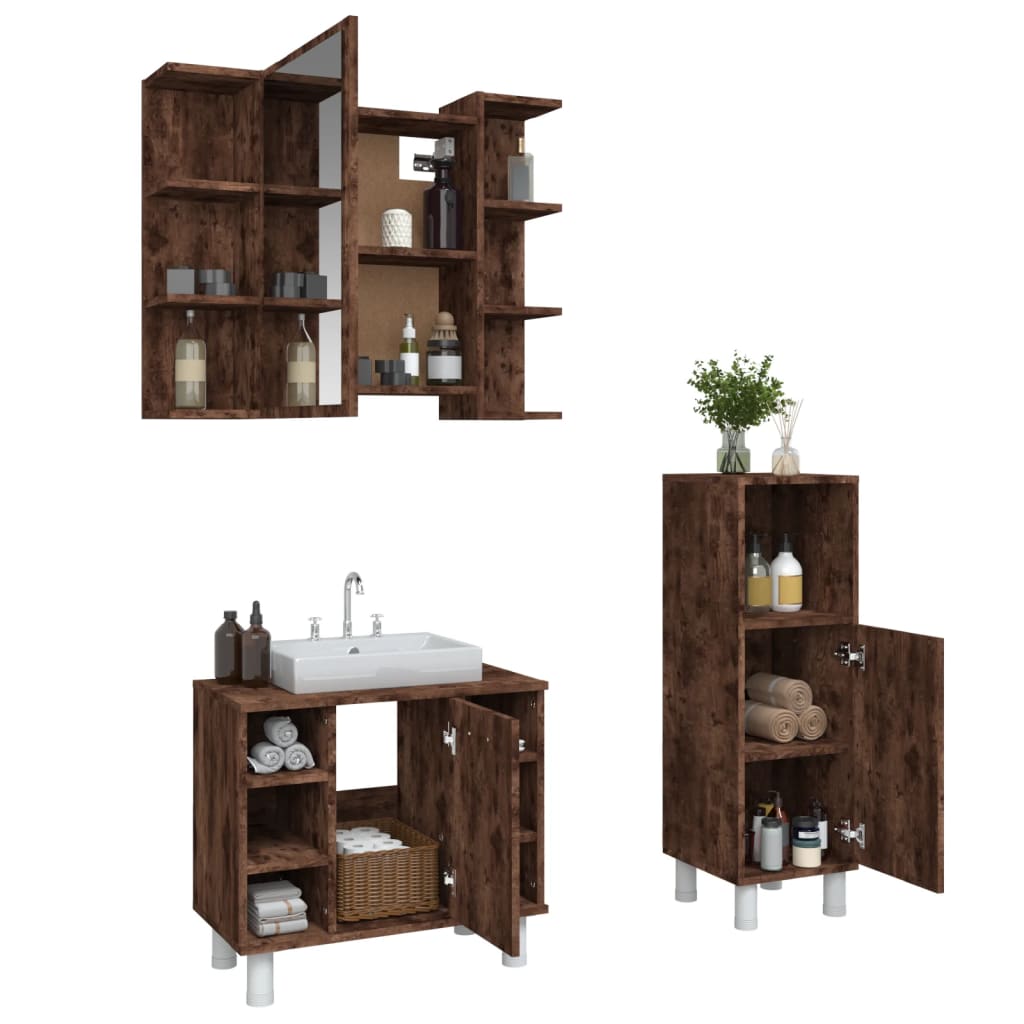 vidaXL 3 Piece Bathroom Cabinet Set Smoked Oak Engineered Wood