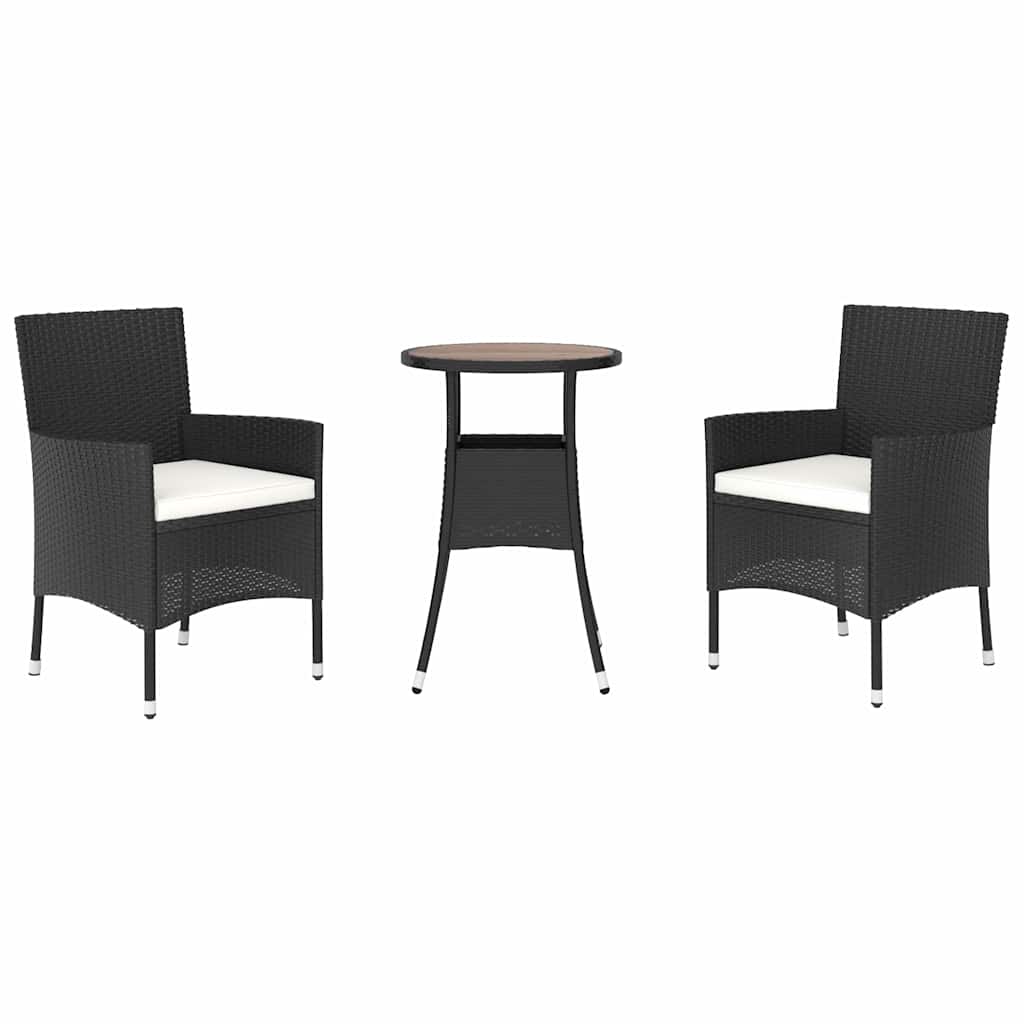 vidaXL 3 Piece Garden Bistro Set with Cushions Black Poly Rattan