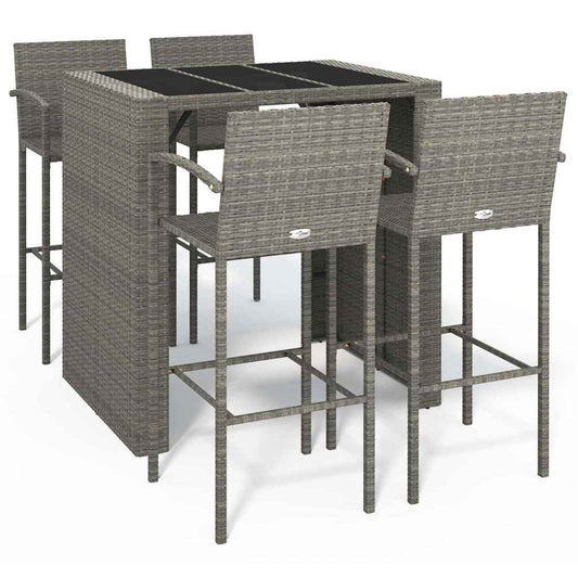 vidaXL Garden Bar Set | Grey | PE Rattan, Powder-Coated Steel, Tempered Glass