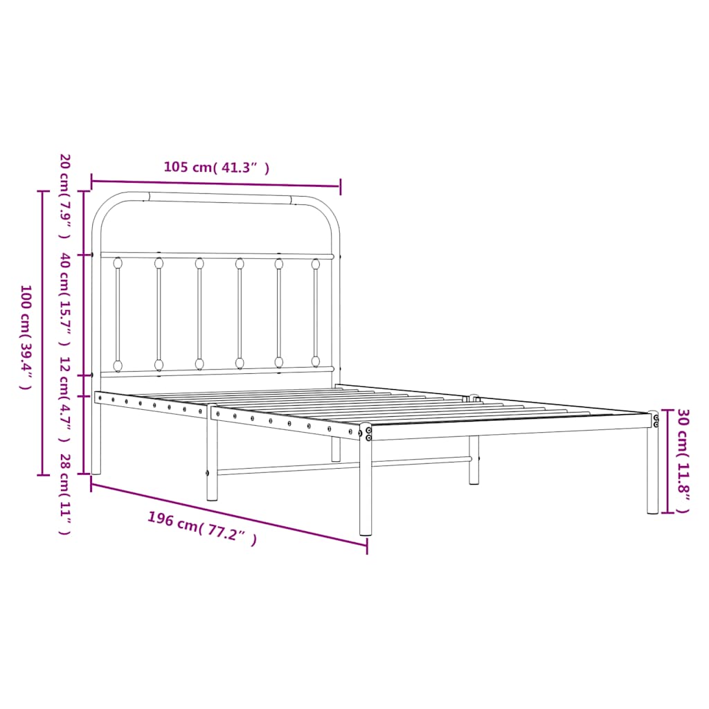 vidaXL Metal Bed Frame without Mattress with Headboard Black 100x190cm