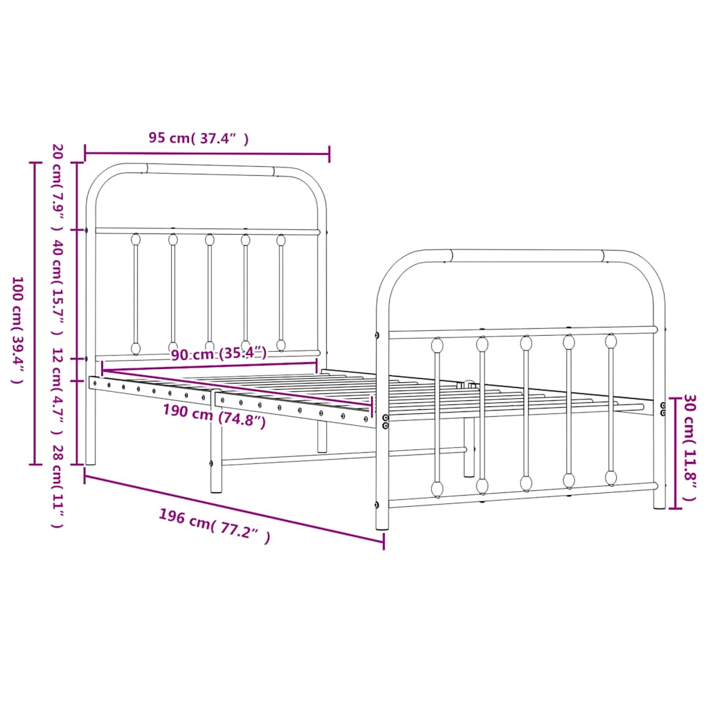 vidaXL Metal Bed Frame without Mattress with Footboard Black 90x190cm