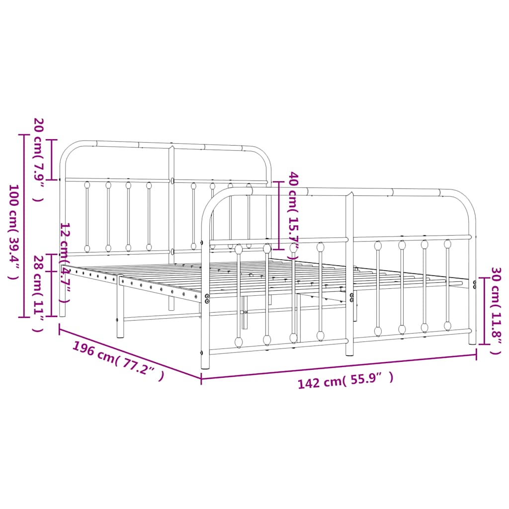 vidaXL Metal Bed Frame without Mattress with Footboard Black 135x190cm