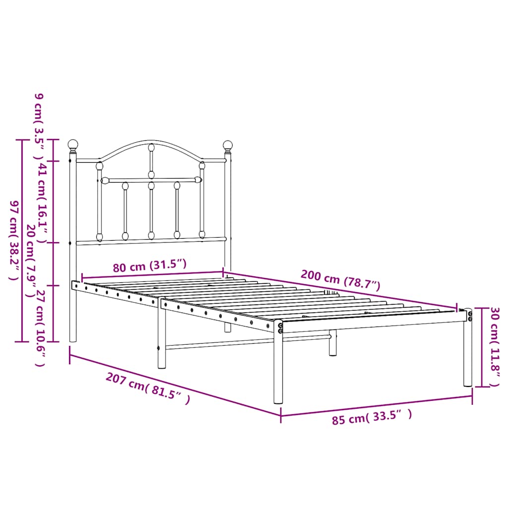 vidaXL Metal Bed Frame without Mattress with Headboard Black 80x200cm