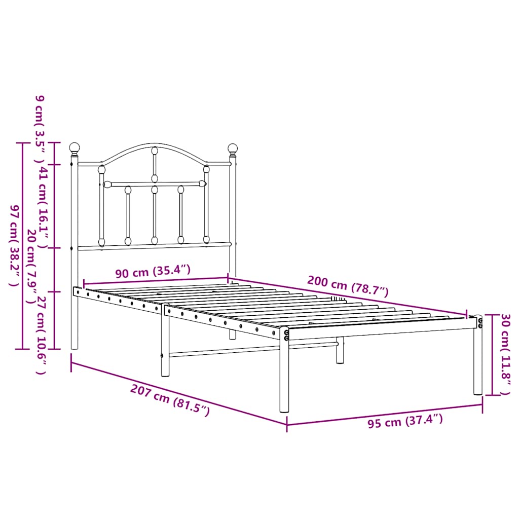 vidaXL Metal Bed Frame without Mattress with Headboard Black 90x200cm