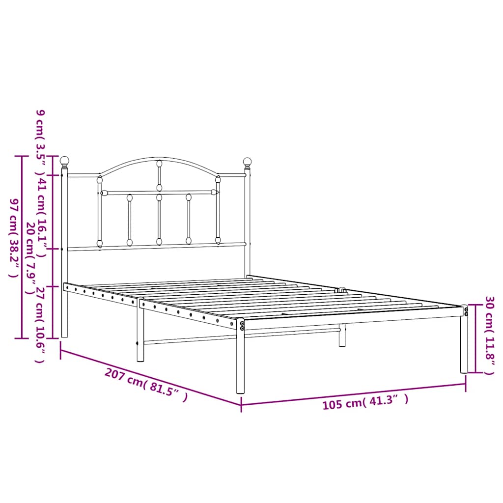 vidaXL Metal Bed Frame without Mattress with Headboard Black 100x200cm