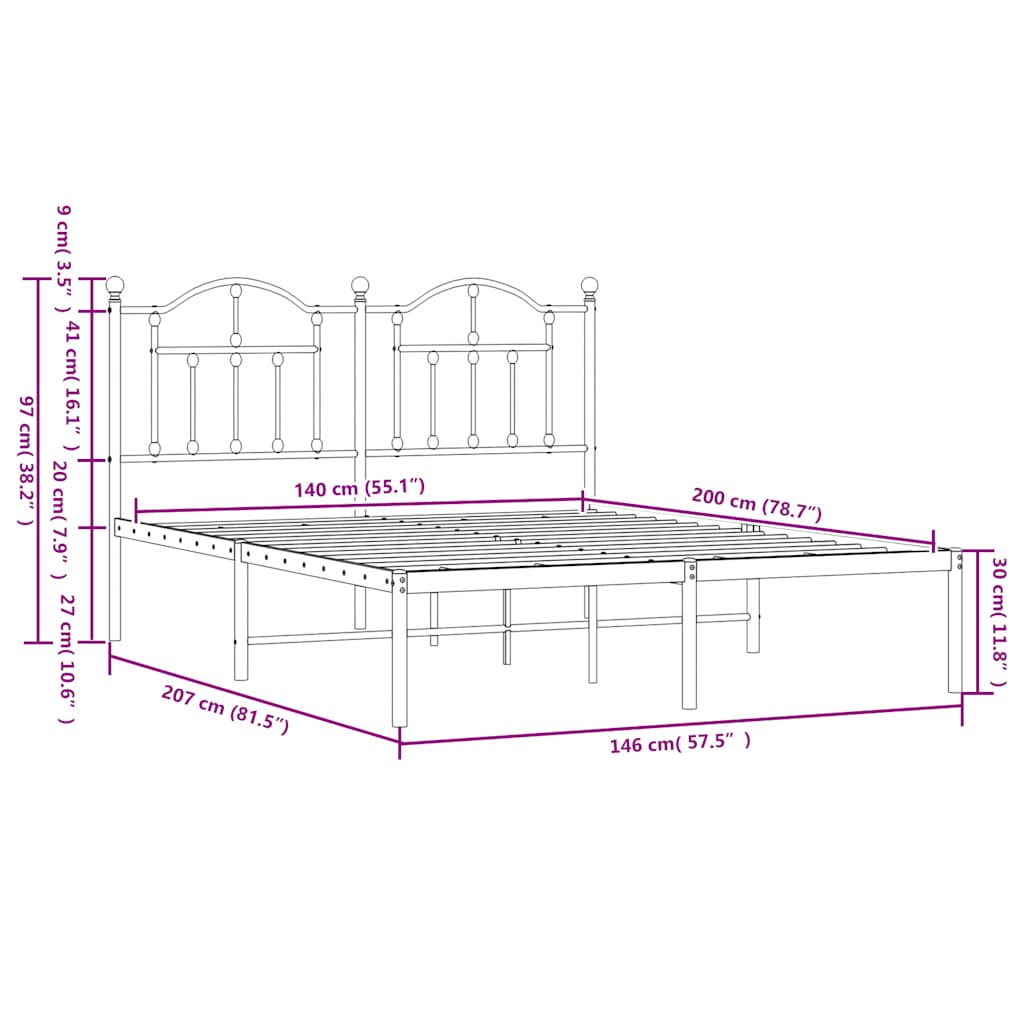 vidaXL Metal Bed Frame without Mattress with Headboard Black 140x200cm
