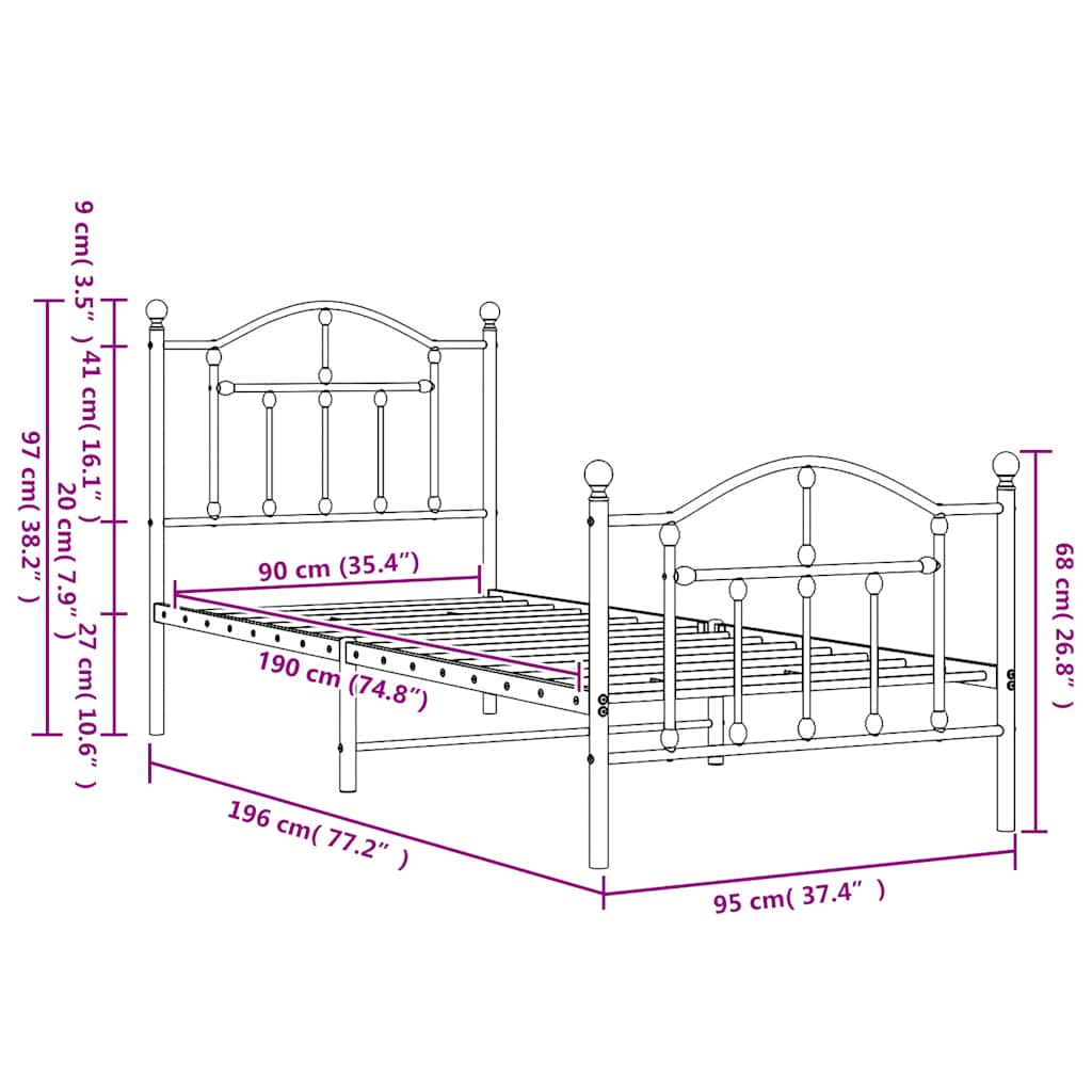 vidaXL Metal Bed Frame without Mattress with Footboard Black 90x190cm