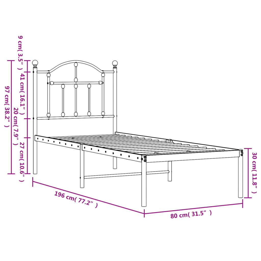 vidaXL Metal Bed Frame without Mattress with Headboard White 75x190cm