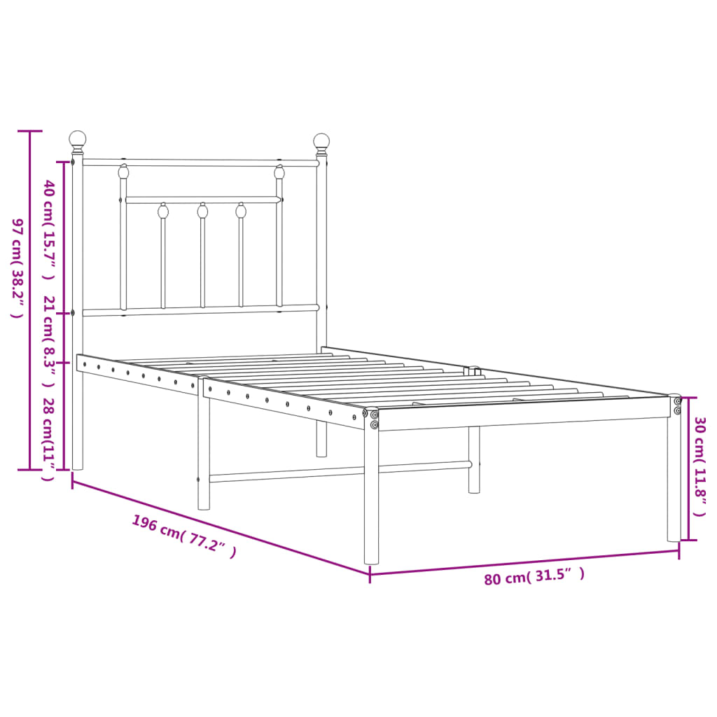 vidaXL Metal Bed Frame without Mattress with Headboard Black 75x190cm