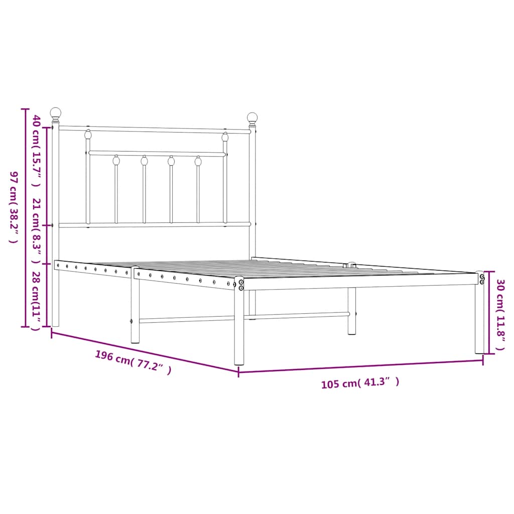 vidaXL Metal Bed Frame without Mattress with Headboard Black 100x190cm