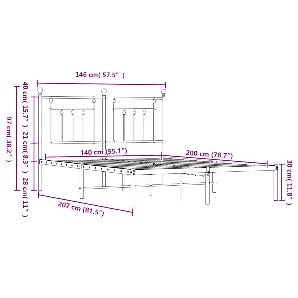 vidaXL Bed Frame | Black | Steel | 140x200 cm | Bed Frame | Rectangular