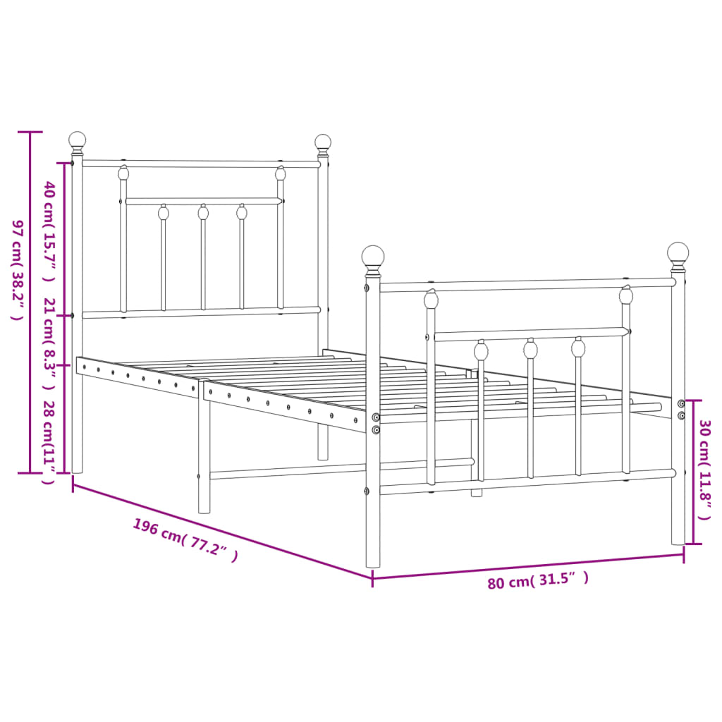 vidaXL Metal Bed Frame without Mattress with Footboard Black 75x190cm