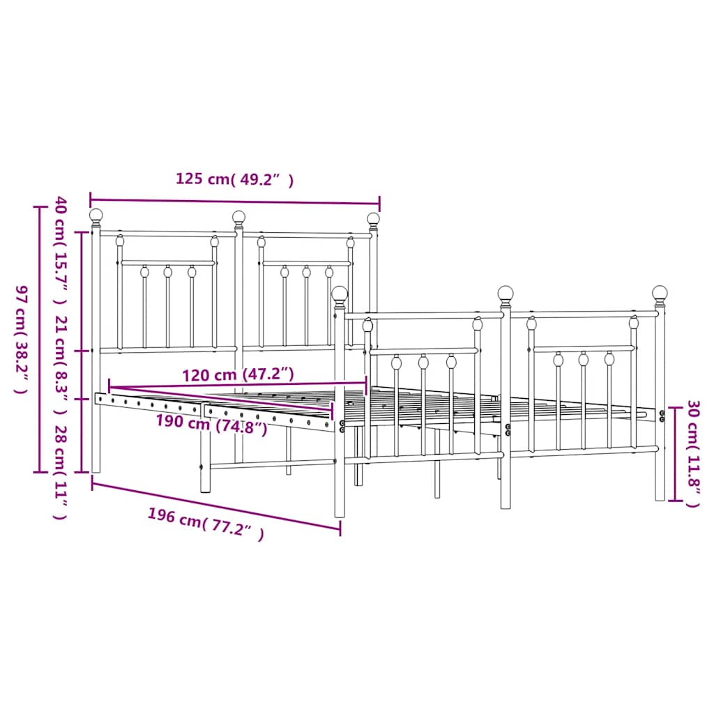 vidaXL Bed Frame | Black | Powder-Coated Steel | Small Double | Metal Bed Frame