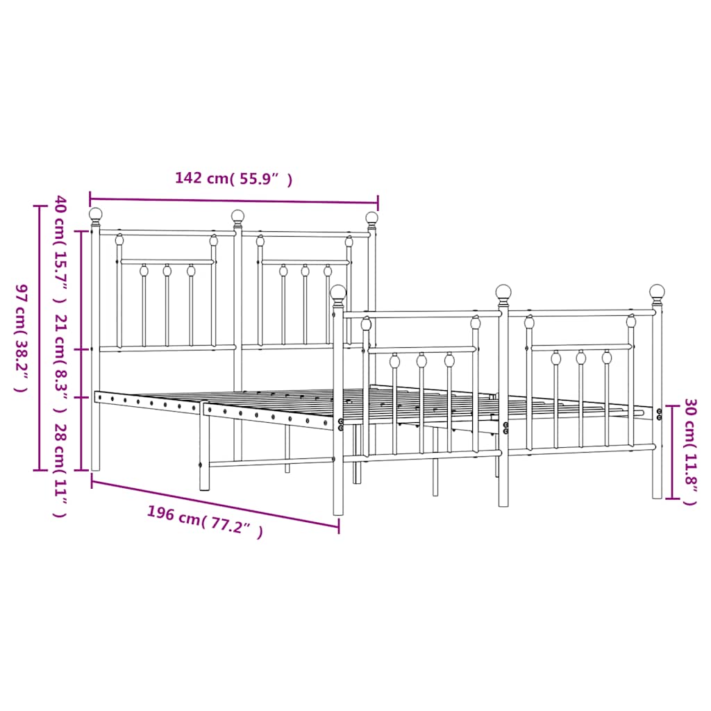 vidaXL Metal Bed Frame without Mattress with Footboard Black 135x190cm