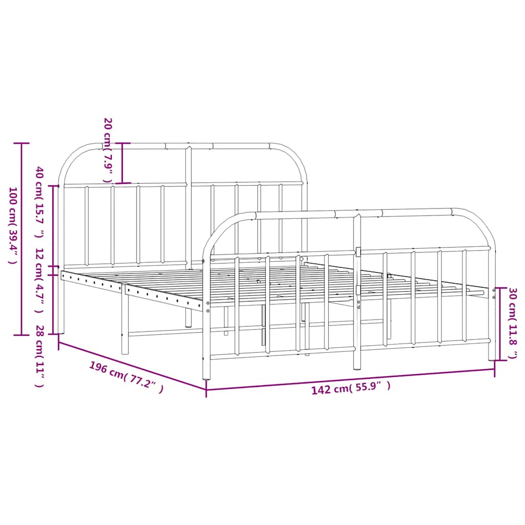 vidaXL Metal Bed Frame without Mattress with Footboard Black 135x190cm