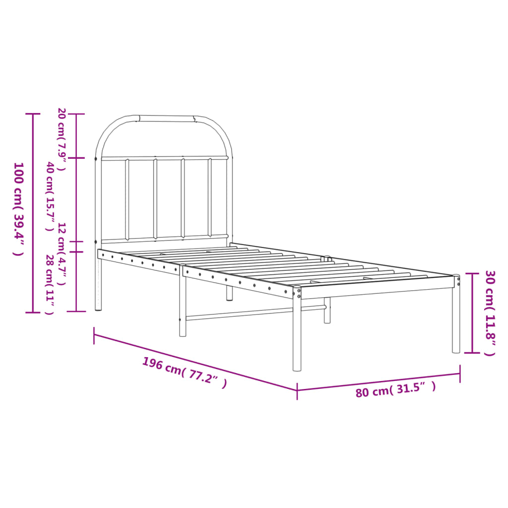 vidaXL Metal Bed Frame without Mattress with Headboard White 75x190cm