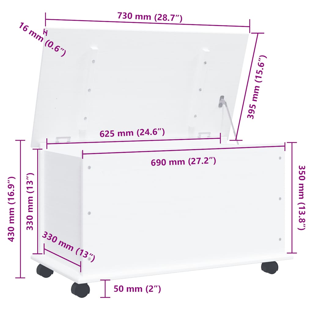vidaXL Storage Chest with Wheels ALTA White 73x39.5x43 cm Solid Wood Pine