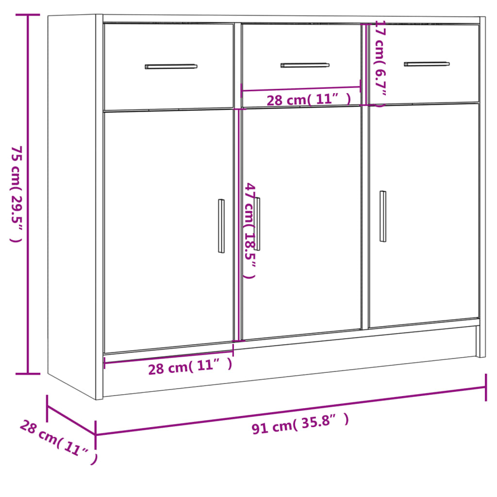 vidaXL Sideboard | Grey Sonoma | Engineered Wood | 91 x 28 x 75 cm | Sideboard