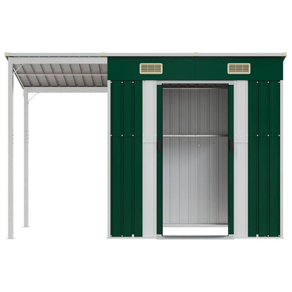 vidaXL Garden Shed with Extended Roof Green 277x107x181 cm Steel