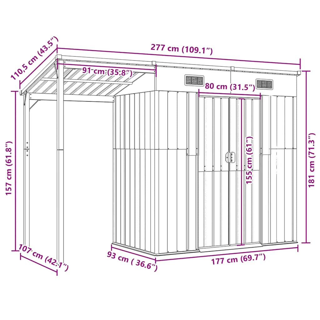 vidaXL Garden Shed with Extended Roof Green 277x107x181 cm Steel