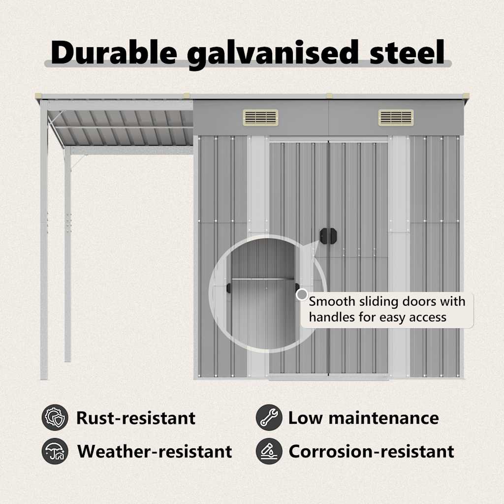 vidaXL Garden Shed with Extended Roof Light Grey 277x107x181 cm Steel