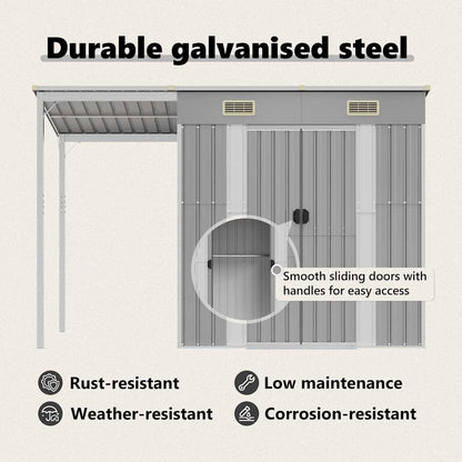 vidaXL Garden Shed with Extended Roof Light Grey 277x107x181 cm Steel