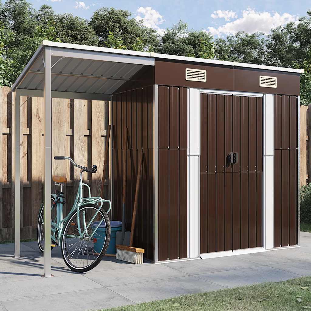 vidaXL Garden Shed with Extended Roof Brown 277x107x181 cm Steel