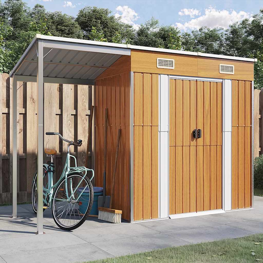 vidaXL Garden Shed with Extended Roof Light Brown 277x107x181cm Steel