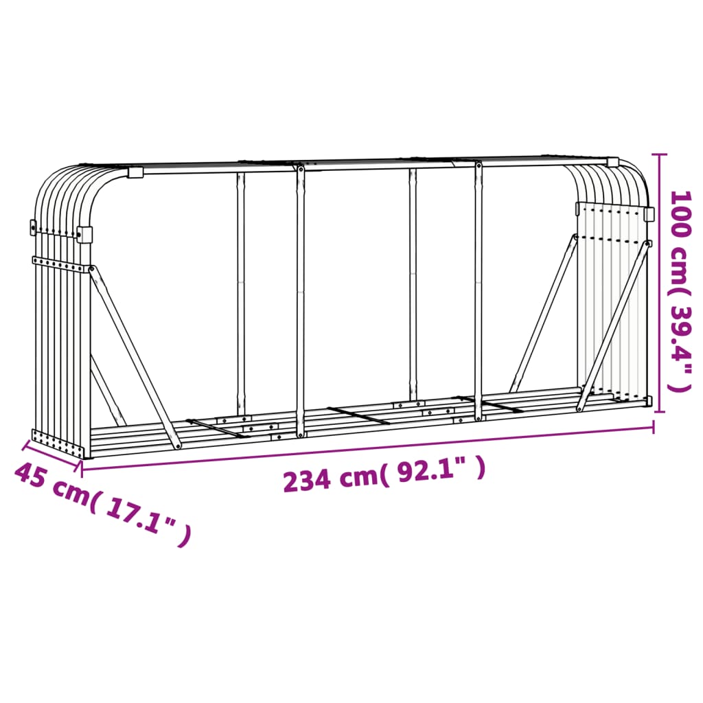 vidaXL Log Holder Brown 234x45x100 cm Galvanised Steel