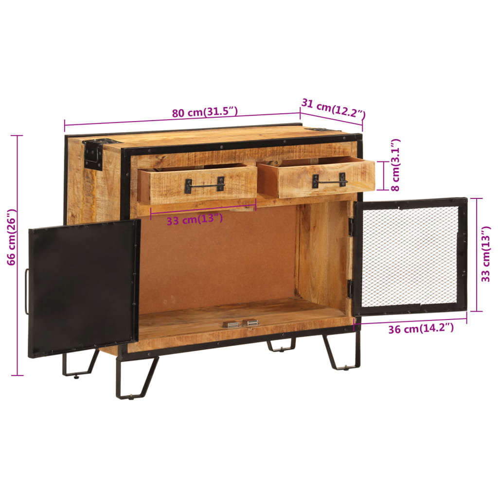 vidaXL Sideboard 80x31x66 cm Solid Rough Wood Mango and Metal