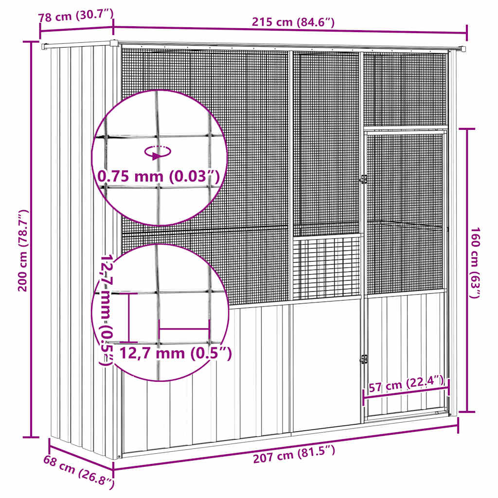 vidaXL Bird Cage Grey 215x78x200 cm Galvanised Steel