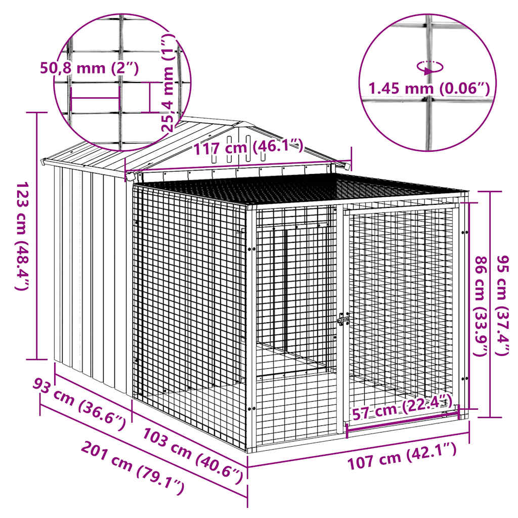 vidaXL Chicken Cage with Run Light Grey 117x201x123 cm Galvanised Steel