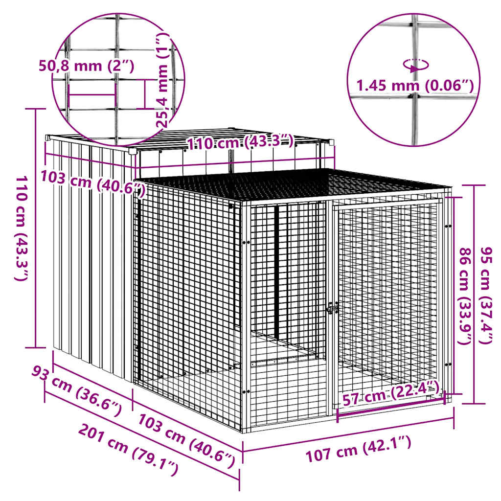 vidaXL Chicken Cage with Run Light Grey 110x201x110 cm Galvanised Steel