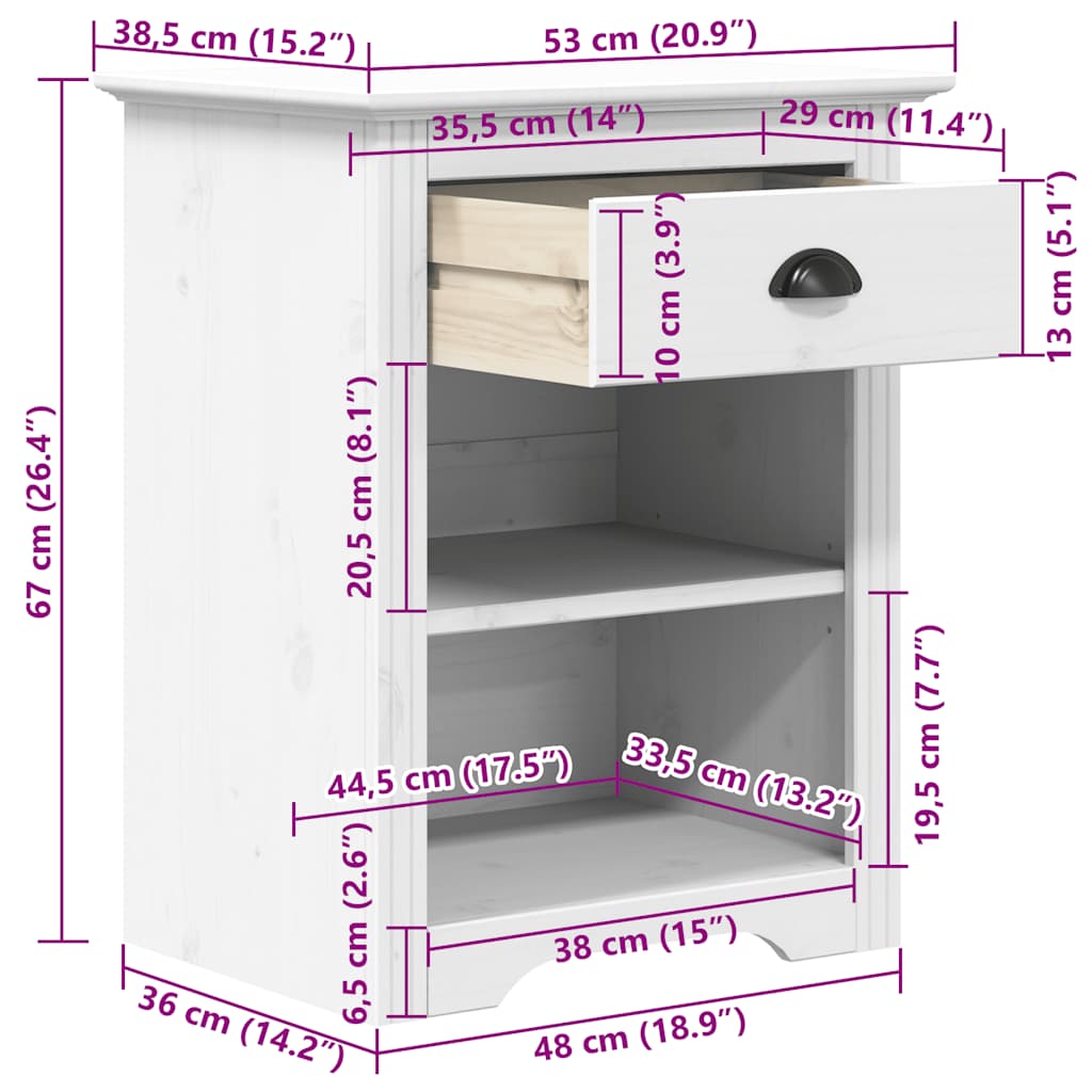 vidaXL Bedside Cabinet BODO White 53x38.5x66 cm Solid Wood Pine