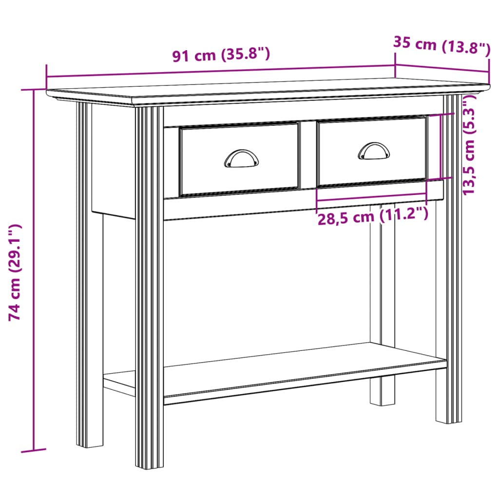 vidaXL Console Table BODO White 90x34.5x73 cm Solid Wood Pine