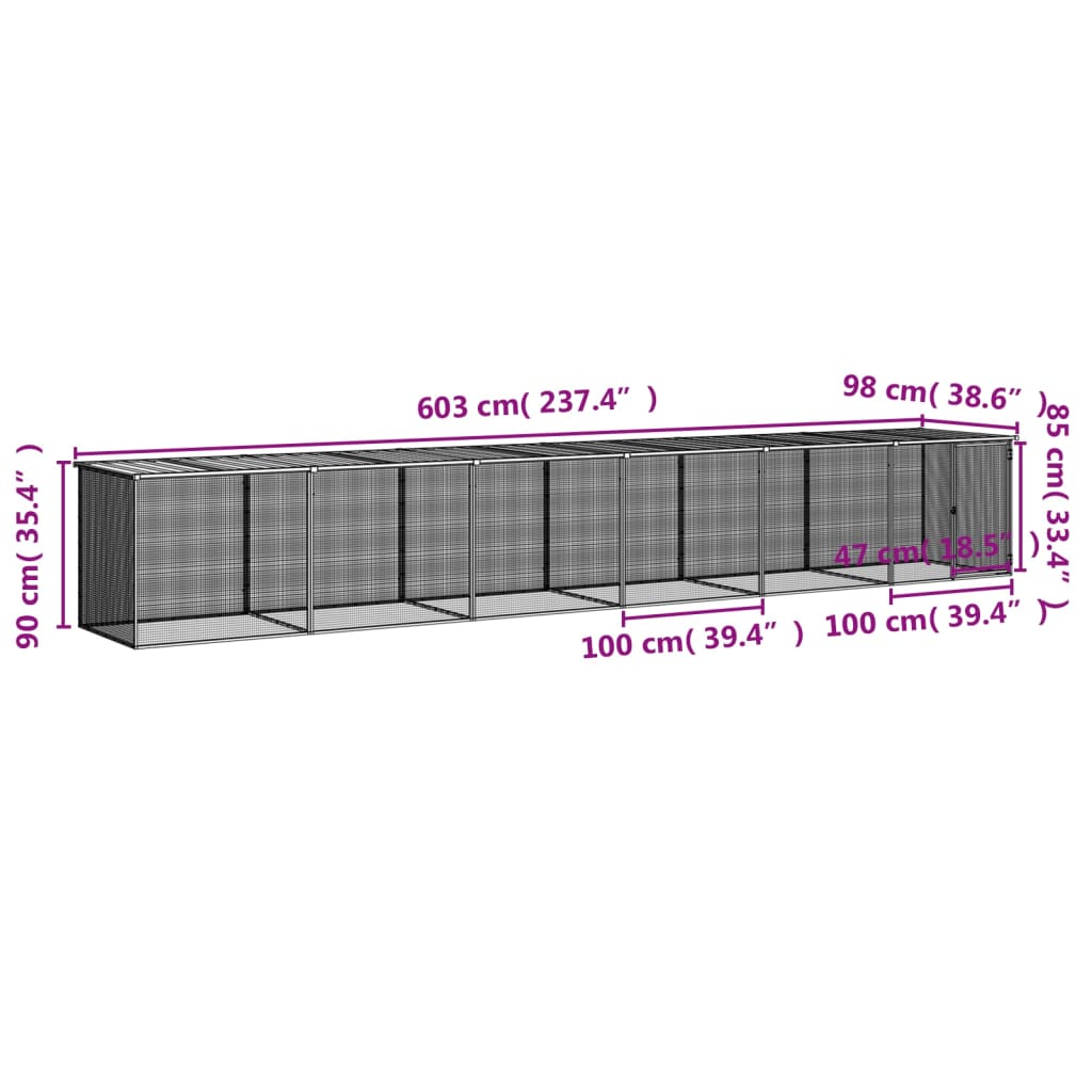 vidaXL Chicken Cage with Roof Light Grey 603x98x90 cm Galvanised Steel