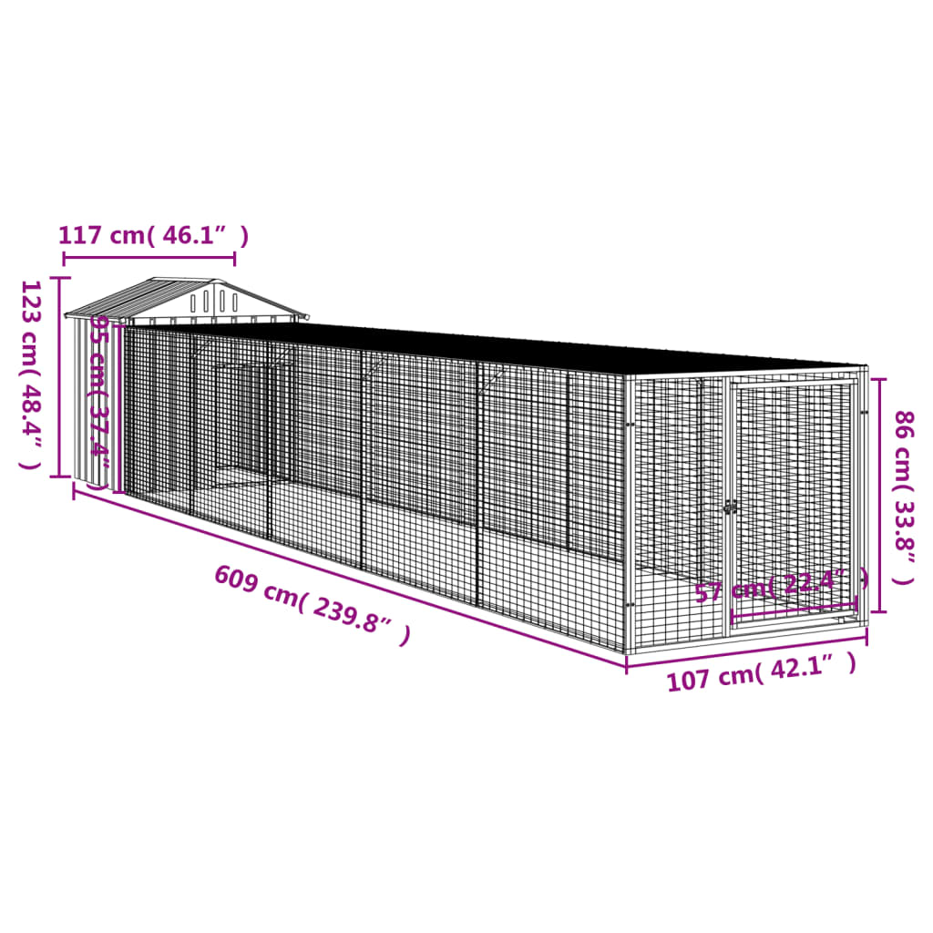 vidaXL Chicken Cage with Run Light Grey 117x609x123cm Galvanised Steel