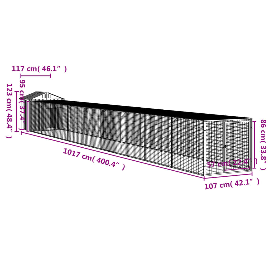 vidaXL Chicken Cage with Run Light Grey 117x1017x123 cm Galvanised Steel